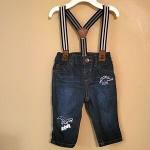 Dinosaur baby denim jeans with detachable suspenders
